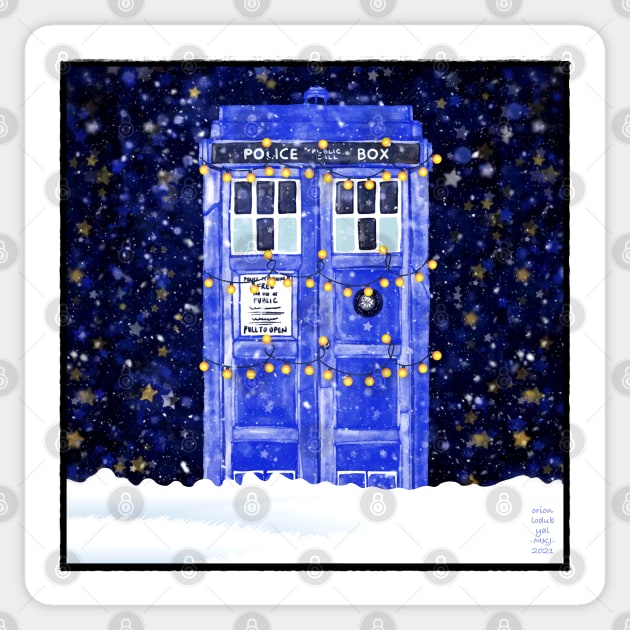 Blue Police Box With Christmas Lights Snow and Stars Sticker by OrionLodubyal